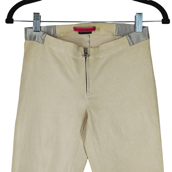 Alice‎ + Olivia Leather Pant 2 Women Cream Gold Metallic Sparkly Skinny Zip USA - Picture 3 of 13